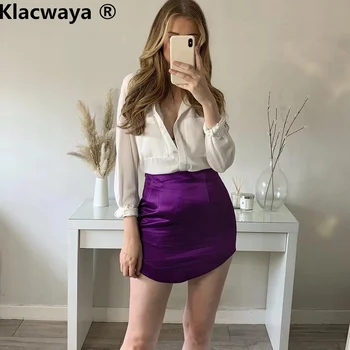 Klacwaya Mini Etekler Seksi Kadın Mor Yüksek Belli Etek Casual Bayan 2021 Vintage Seksi Sıkı Bandaj Saten Etek