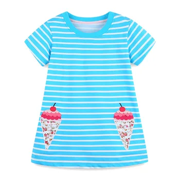 Frocks Kızlar için 2021 Yaz Bebek Kız Giysileri Gök Mavisi Çizgili Dondurma Aplike pamuk rahat elbise Çocuklar için 2-7 yıl