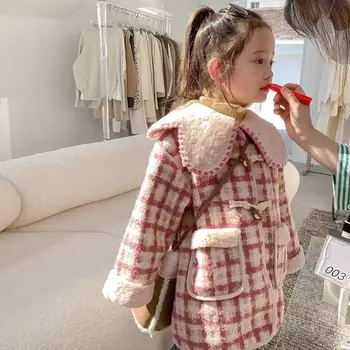 Kore Sonbahar Kış Moda Boynuz Toka Ekose Peluş Ekleme Yün Gevşek Ceket Uzun Yün Ceket kızın Cepler Ceket Dış Giyim