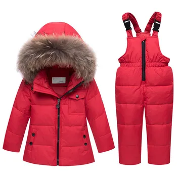 Çocuk Snowsuit Kar Giysileri Kız Giyim Seti Erkek Bebek Tulum Gerçek Kürk Kapşonlu Kız Kış Aşağı Ceket Sıcak Çocuklar Ceket