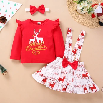 Noel Kız seti elk kırmızı ekip boyun T-shirt + askı yay beyaz etek seti için uygun 12 aylık bebek kız-4 yaşındaki kızlar