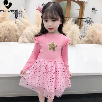 İlkbahar Sonbahar 2022 Kız Elbise Çocuklar Bebek Kız Sequins Yıldız Uzun Kollu O-boyun Elbise Moda Gazlı Bez Patchwork Prenses Elbiseler