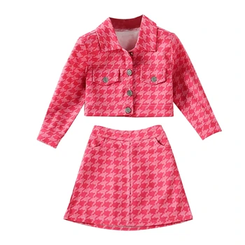 2 ADET Toddler Kız Güz Giyim Setleri Uzun Kollu Balıksırtı Baskı Turn-aşağı Yaka Ceket + Mini Etek Kıyafetler