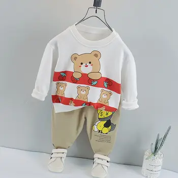 Ilkbahar Sonbahar Çocuk Erkek Kız Patchwork Giyim Takım Elbise Moda Bebek Karikatür Ayı T-shirt Pantolon 2 adet / takım Yürümeye Başlayan Eşofman