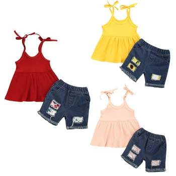 Toddler Bebek Kız yaz kıyafetleri Setleri Düz Renk Dantel-up Kolsuz Kaşkorse Üst + Elastik Bel Yırtık Kot Bebek Giyim