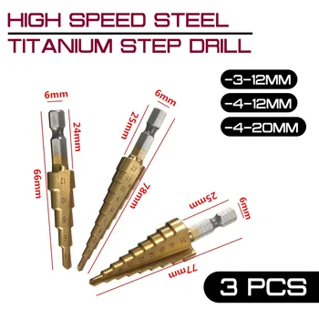 3 ADET Yüksek Hız Çelik Titanyum Adım Matkap Uçları HSS 3-12MM 4-12MM 4-20mm Metal ve Ahşap Delme Güç Araçları