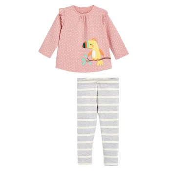 Sonbahar Pamuk Bebek Kız Tasarımcı Güz Giyim Çocuk 2 Parça Set Marka Nokta Kuş Sevimli Gömlek + Toddler Gri Çizgili Pantolon