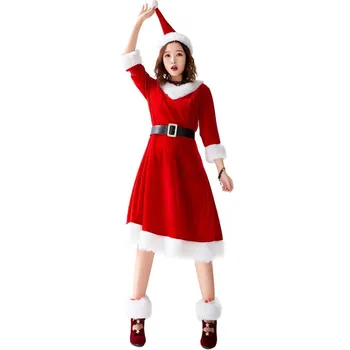 Noel Baba Cosplay Kostümleri Yetişkin Kadın Noel Elbise Uzun kollu Noel Kış Bayanlar Yeni Yıl fantezi parti elbisesi