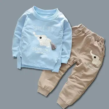 Sonbahar Çocuk Pamuk Giyim Takım Elbise Bahar Bebek Erkek Kız Karikatür Fil Setleri Çocuklar T-Shirt Pantolon 2 adet / takım Yürümeye Başlayan Eşofman
