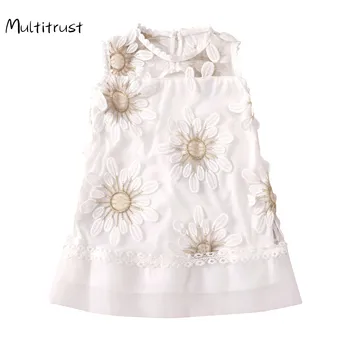 2020 Kız Prenses Elbise Ayçiçeği Baskı Dantel Kolsuz Mini A-Line Sundress Kıyafetler Butik Çocuk Giysileri 2-8Y