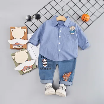 Sonbahar Çocuk Bebek Erkek Kız Elbise Bebek Beyefendi Ekose Şerit Gömlek + Kot Pantolon 2 adet / takım bebek kıyafetleri Çocuk Takım Elbise