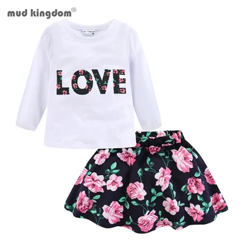 Mudkingdom Bahar Sonbahar Kız Set Aşk Uzun Kollu Üstleri ve Çiçek Etek Kıyafet Kız Elbise Küçük Büyük Kardeş Çocuklar giysi