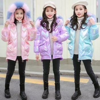 2021 Yeni Kış Giysileri Kızlar İçin Sıcak Pamuk Ceketler Dış Giyim Kız Elbise Kürk Yaka Parkas Palto 4-12Yrs Kızlar Giyim