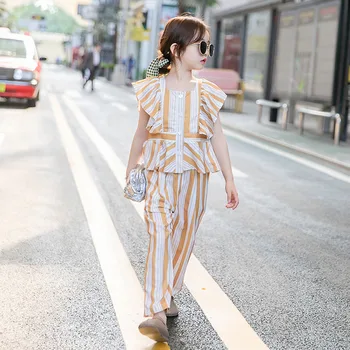 2 ADET Kızlar Yaz Takım Elbise Yeni Kore Versiyonu Tarzı Çizgili Kelebek Kollu Takım Elbise Moda Yaz çocuk Gelgit Elbise Kız Seti