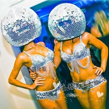 Gelecek Teknoloji Gümüş Yansıtıcı Ayna Kask Bikini Performans Takım Elbise Gece Kulübü Bar Kadın Şarkıcı Podyum Kostüm DWY3024