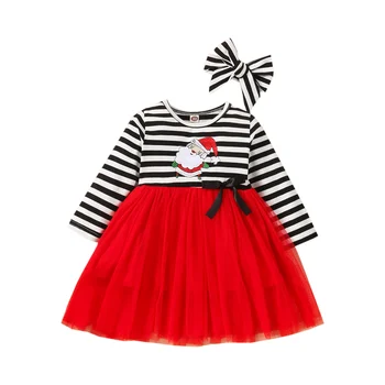 Yenidoğan Bebek Kız Giysileri Elbise Çizgili Noel Baba Nakış O-Boyun Uzun Kollu Kafa Bandı İle İlkbahar Yaz İçin 1-4 yıl