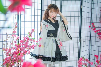 Shanghai Hikayesi Pamuk Çiçek Baskı Dantel Kenar Kimono Yukata Hizmetçi Elbise Anime Lolita Setleri Meidofuku Üniforma Kıyafet