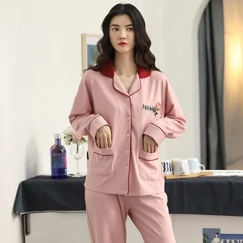 Yeni Pijama Seti Kadınlar için Sonbahar Kış Yeni Pijama Yumuşak %100 % Pamuk Turn-aşağı Yaka Giyim Kadın Moda Pijama Seti