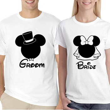 Disney Yaz T Shirt Kadın Mickey Minnie Çiftler Elbise Gevşek Kısa Kollu Gömlek Unisex Üstleri Giysi Damat Gelin T-Shirt