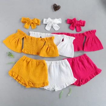 Yaz Bebek giyim setleri Kız Elbise Çocuk Kız Kapalı Omuz T Shirt Üstleri Şort Bandı Kıyafetler 3 adet çocuk giyim