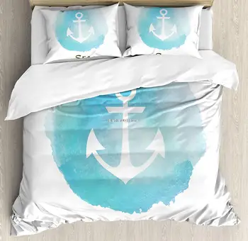 Çapa Yorgan yatak örtüsü seti Suluboya Deniz Daire Çapa Yaz Gemi Seyahat Sadakat ve İstikrar Tema Dekoratif 3 Parça Yatak