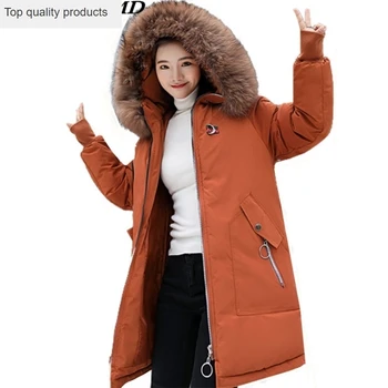 2020 Yeni Kadın Kış Pamuk Ceket Kapşonlu Kürk Yaka Parkas Kalınlaşmak Orta Uzun Ceket Katı Gevşek Giyim Sıcak Kış Ceket CW006