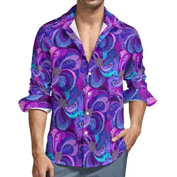 Tavuskuşu Tasarım Estetik Rahat Gömlek Adam Soyut Tüy Baskı Gömlek Sonbahar Trend Bluzlar Uzun Kollu Grafik Büyük Boy Üst