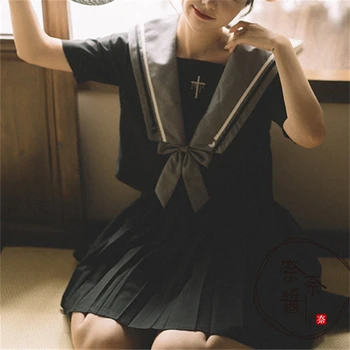 Jk Takım Elbise Üniforma Sevimli Kız Günlük Denizci Elbisesi Japon Kawaii Tiki Takım Elbise Zarif Nakış Üst + Uzun / Kısa Pilili Etek
