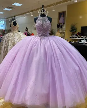2022 Prenses 15 Yıl Quinceanera Elbiseler Leylak Rengi Boncuklu Seksi Halter Kolsuz Korse Korse Seksi Etek Uzun İlk Elbise