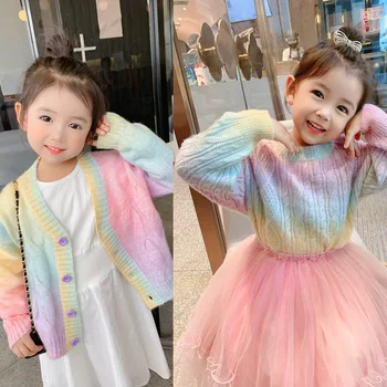 İlkbahar Sonbahar Moda Gökkuşağı Bebek Kazak Çocuk Kız Kazak Çocuk Örgü Hırka rahat Giyim 1-6 Yıl