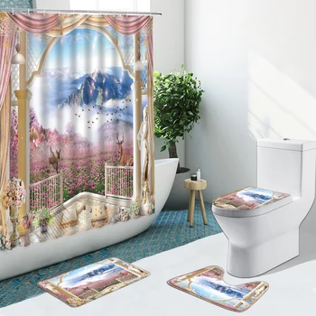 3D Doğal Manzara Çiçek Duş Perdeleri Yeşil Yaprak Kelebek Kaymaz Ayaklı Flanel Kilim Tuvalet Kapağı Banyo Seti Banyo Paspas