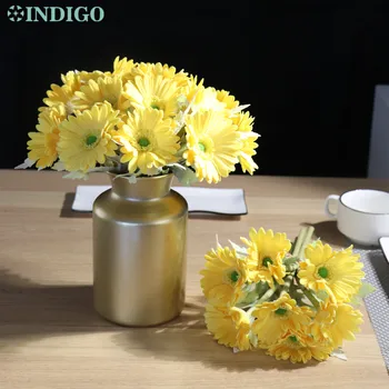 PU Sarı Papatya 1 Takım Metal Vazo İle (32CM) gerçek Dokunmatik Ayçiçeği Çiçek Olay Parti Masa Noel Dekorasyon Çiçek-INDİGO