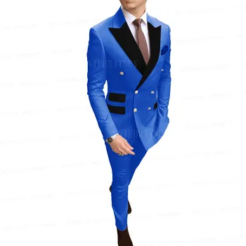 Kruvaze Erkek Takım Elbise Kraliyet Mavi Parti Düğün Damat Elbise Takım Elbise Smokin Custom Made Siyah Kadife Yaka Blazer pantolon seti