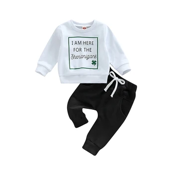 Aziz Patrick Günü Erkek Giyim 2 Adet Kıyafetler Bebek Yuvarlak Boyun Uzun Kollu Mektup Baskı Kazak + Düz Renk Pantolon Eşofman