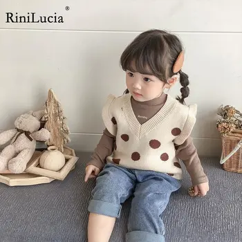 RiniLucia Sonbahar Kızlar Sevimli Polka Dot V Yaka Örme Yelek 2022 Yeni Çocuk Giyim Yumuşak Gevşek Fırfır Rahat Yelek