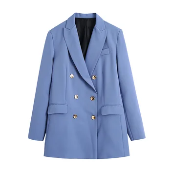 Kadın Sonbahar 2021 Yeni Moda Kruvaze Mavi Mizaç Takım Elbise Ceket Streetwear Qn*