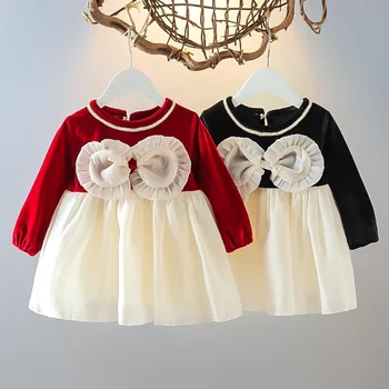 2022 Sonbahar Bebek Kız Elbise Yeni Yıl İçin pamuklu uzun kollu tişört Elbiseler Bebek Kız İlk Doğum Günü Prenses Elbise Çocuk Clothes0-3T