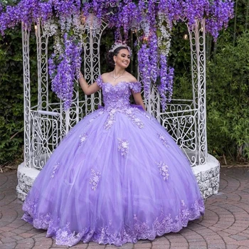 Leylak Tatlı 16 Quinceanera Elbise Pelerin ile 2022 Kapalı Omuz Aplikler Dantel Prenses Parti Kıyafeti Vestidos De 15 Años