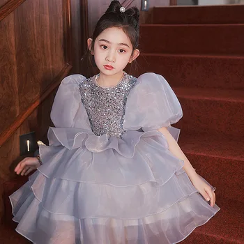 Kız elbise 2022 yeni kız sequins kabarcık kollu Pullu prenses elbise doğum günü partisi kek elbise çocuk piyano performans elbise