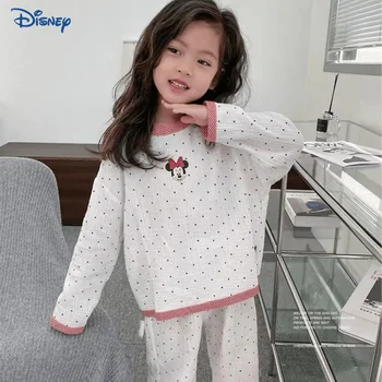 Disney Minnie Bebek Kız Pamuk Pijama Set Üst + Pantolon Bahar Sonbahar Çocuk Uzun Kollu Pijama Bebek Giysileri Set Ev Takım Elbise 12M-12Y