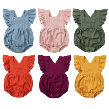 TECHOME Bebek Kız yaz kıyafetleri Romper Katı Keten Ruffles Kolsuz Bebek Giysileri 0-24M Toddler Yenidoğan Tulumlar Bodysuit