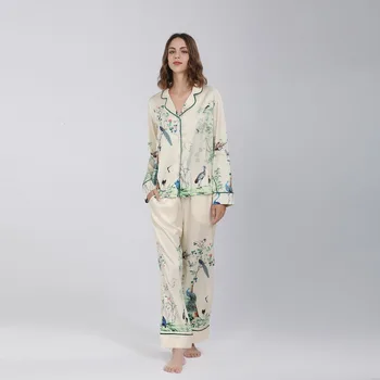 Kadın Boyama Kuş Dili Çiçek Pijama Setleri Seksi Hırka Pijama Takım Saten Pijama 2 ADET Kıyafeti Salonu Ev Giyim