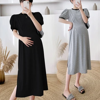 Kore Tarzı Orta uzunlukta hamile elbisesi Kısa Kollu Zarif Kısa Elbise Gebelik Yaz Hamile Uzun Etek