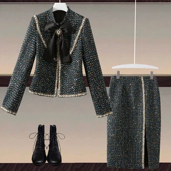 Tasarımcı Yeni Bahar Sonbahar kadın Setleri Yüksek Kaliteli Boncuk Tüvit Ceket kalem Etek Vintage Moda Rahat Parti İki parça Takım Elbise