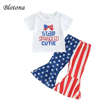 Blotona Kızlar Bağımsızlık Günü Kıyafetleri, Mektup Baskı Kısa Kollu T-Shirt Şerit Yıldız Patchwork Fırfır Flare Pantolon, 9M-4Y