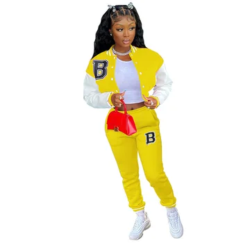 Kadın Moda Beyzbol Üniforma Mektup Baskı Rahat İki parçalı Setleri Neon Ceket Kırpma Üstleri Elastik Bel Pantolon Patchwork Eşofman